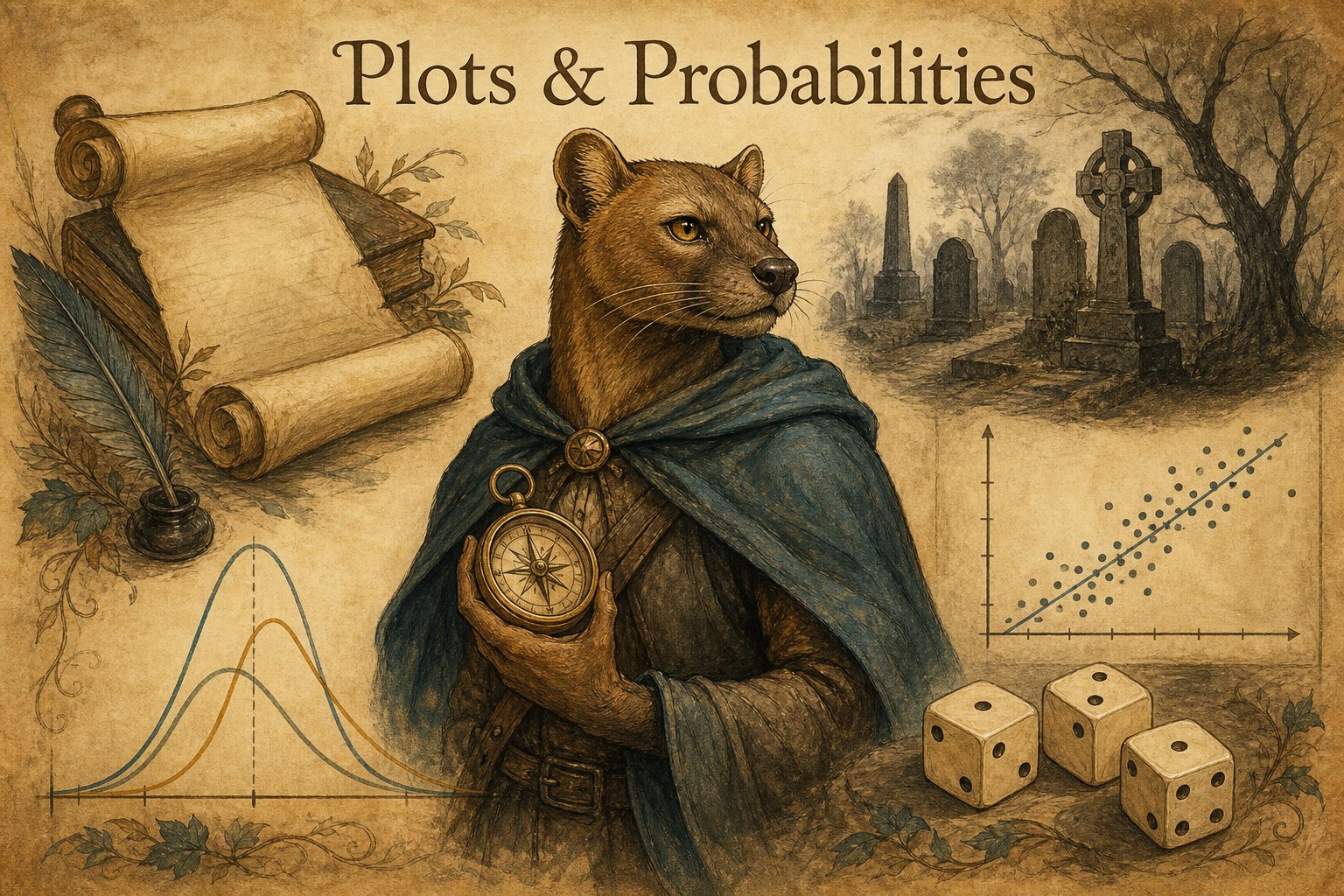 Anthropomorphized fossa protagonist surrounded by narrative, grave, and data-visualization plots with probability motifs